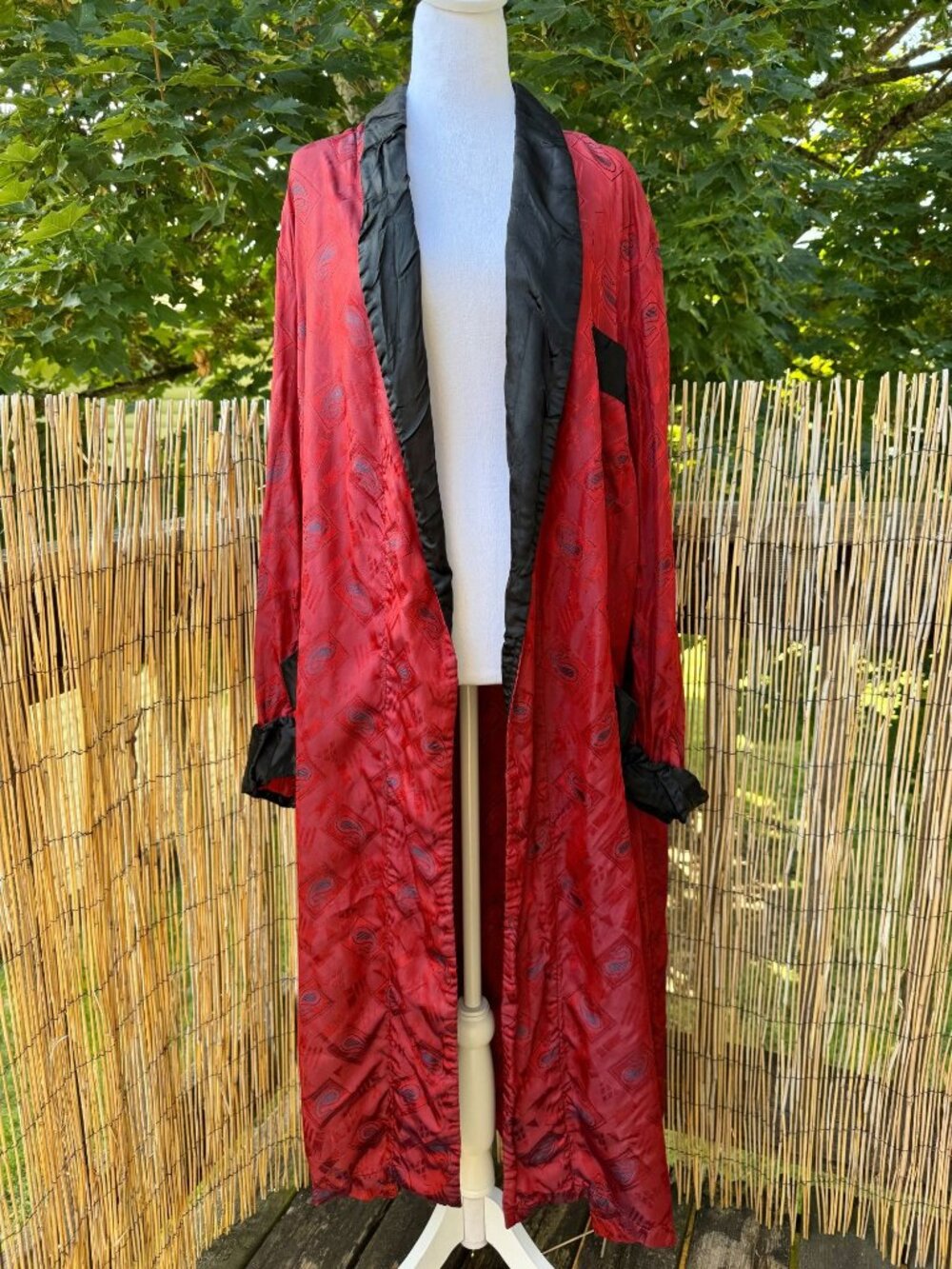 Vintage 1950s Men's Long Sleeve Satin Robe In Red Paisley In Medium